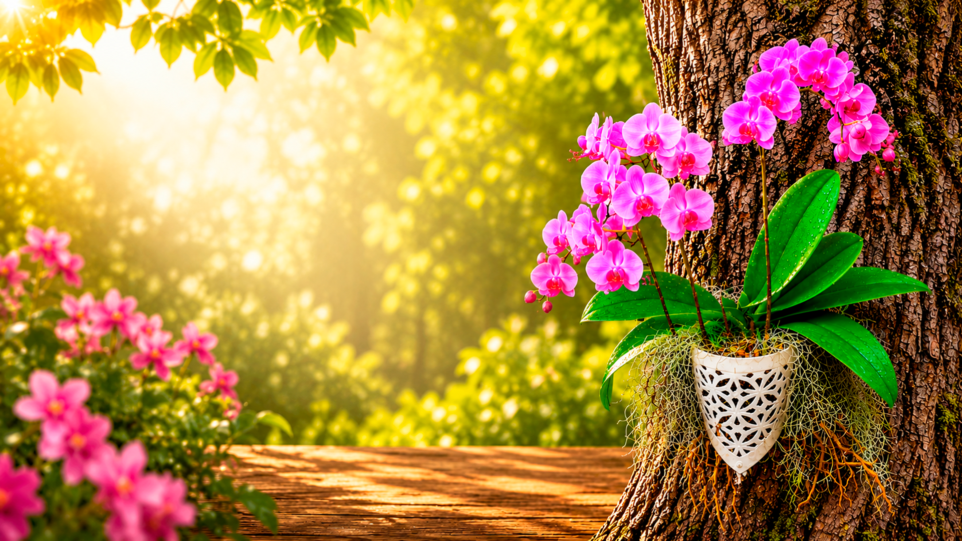 Orchid mounted on tree with Orchids Nest Basket
