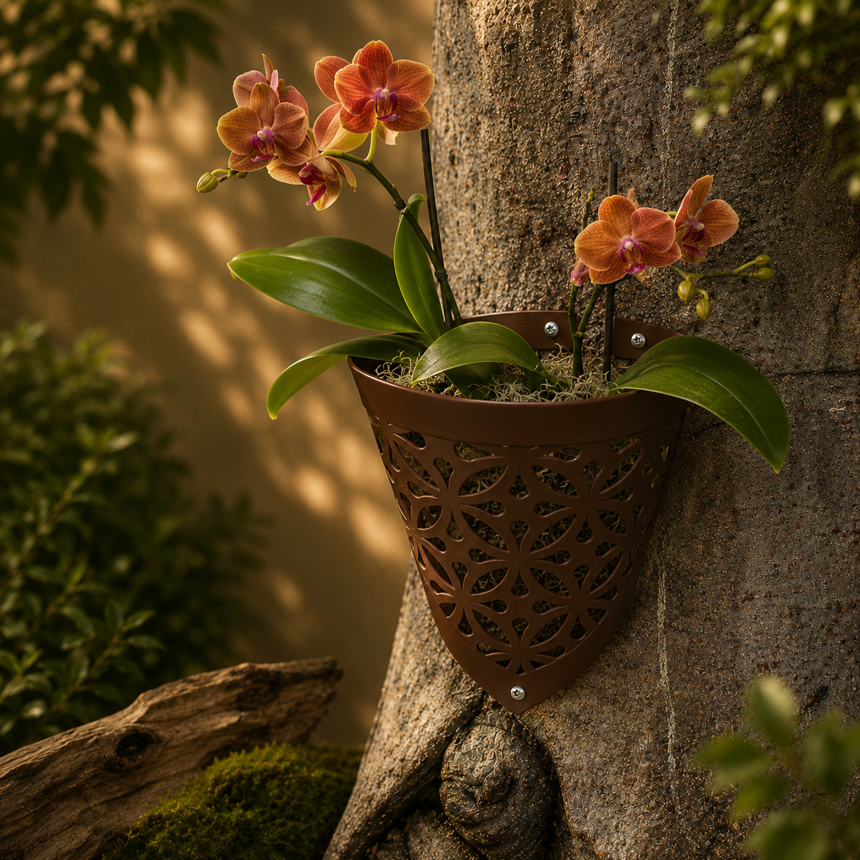 Orchids in a brown basket mounted on a tree